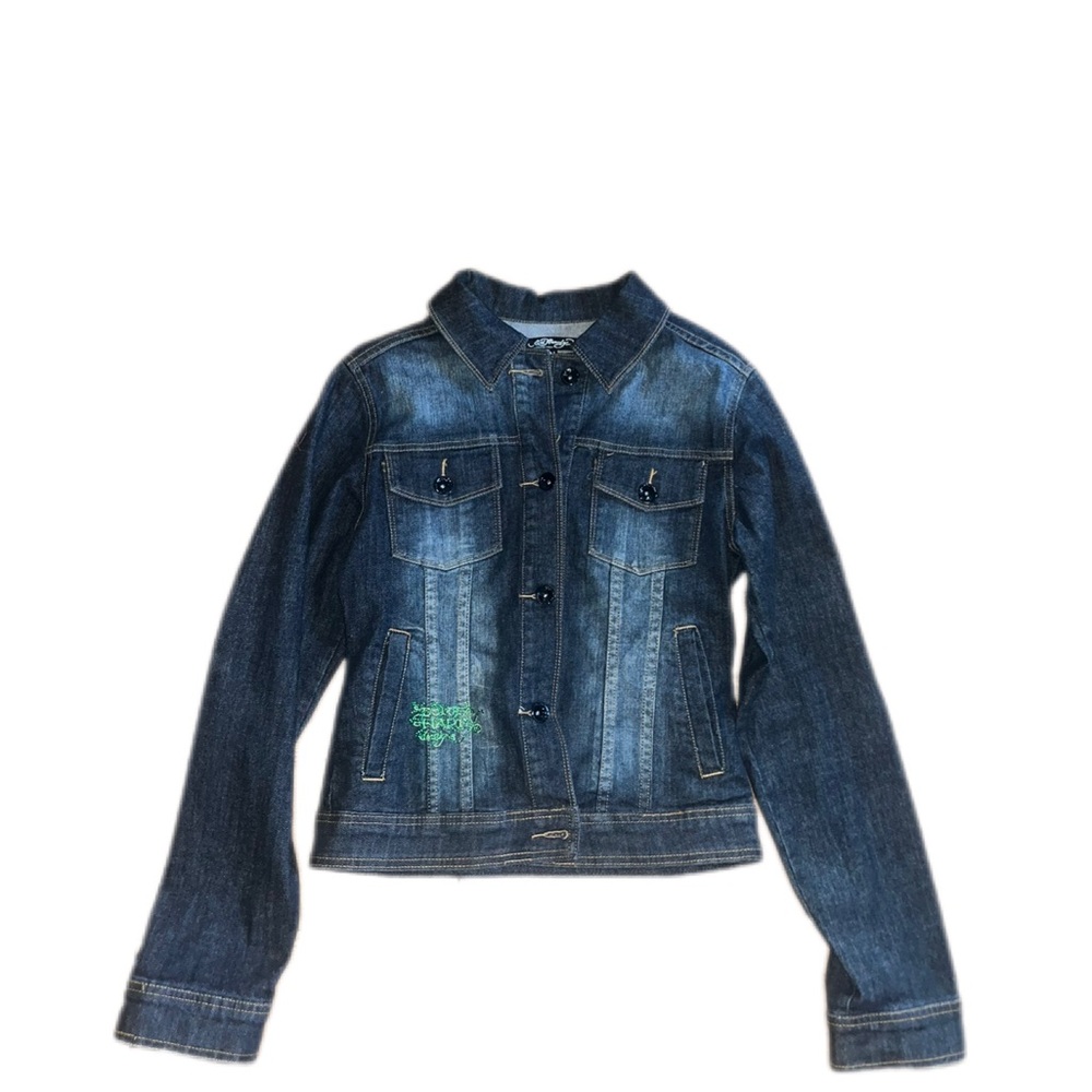 Y2K 2000 Women’s Ed Hardy Blue Denim Jacket with Skull Embroidery